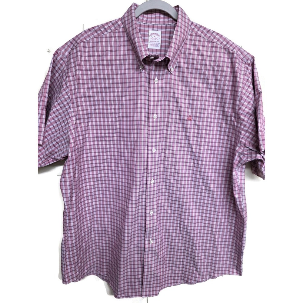 Brooks Brothers Mens XL Pink Plaid Madison Fit Non-Iron Stretch Supima Shirt